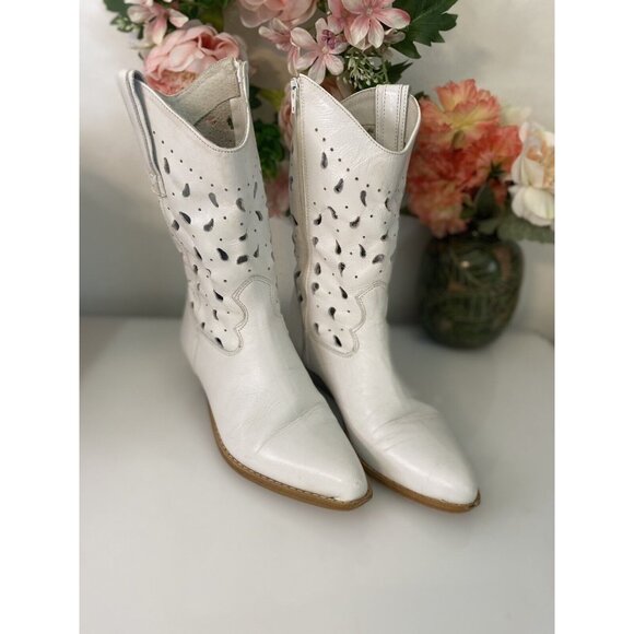 B.L.T. Santa Barbara Perforated Leather Western Boots Made in Spain Size 6 White - Picture 6 of 16